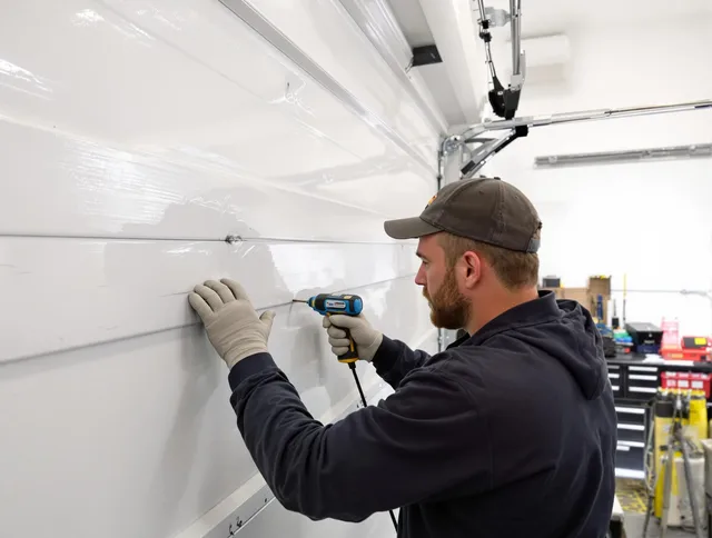 Covina Garage Door Repair technician demonstrating precision dent removal techniques on a Covina garage door