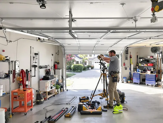 Covina Garage Door Repair specialist performing laser-guided track alignment in Covina
